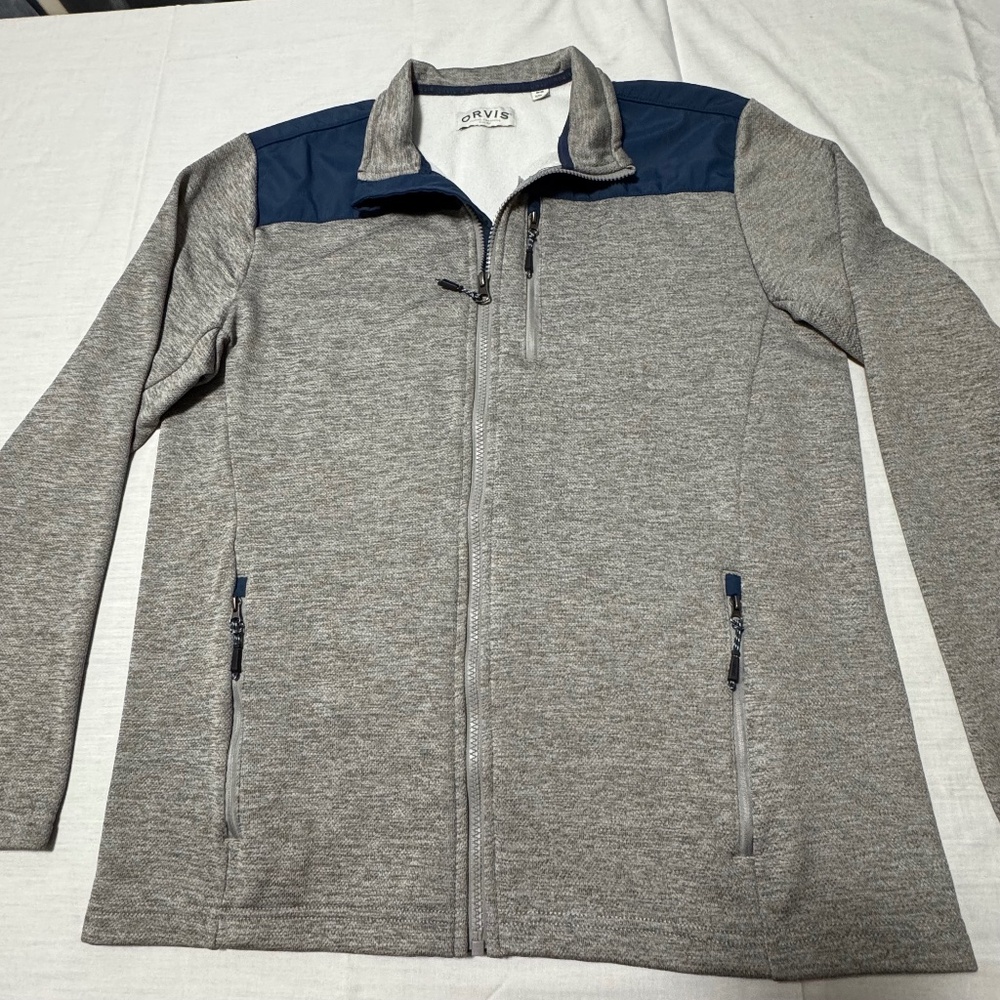 men grey blue jacket brand orvis size m zipper down pocket bothside zipper
